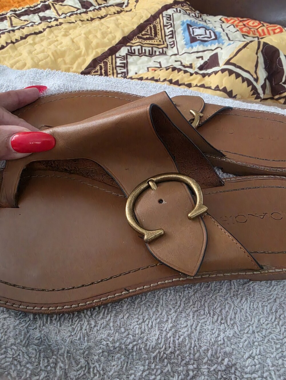 Coach Tan Leather Slide Sandals with Decorative Buckle - Picture 2 of 5